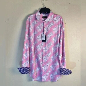 Quieti Shirt Mens Small Pink Palm Leaf Flip Cuff Nova 8-way Stretch Cotton NEW